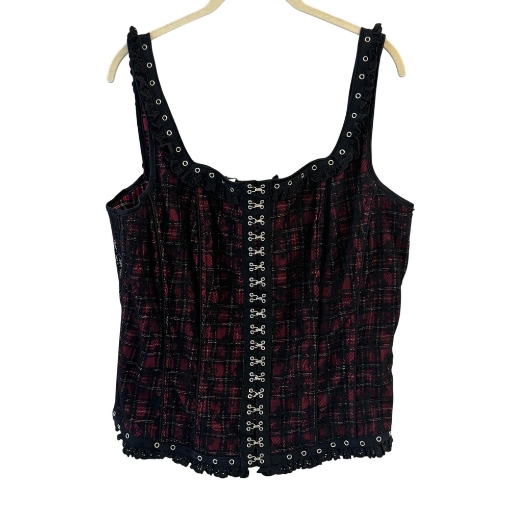 Tripp NYC Plaid Lace Corset Top Size 1X Red Black Renfaire Festival Y2K Grommet